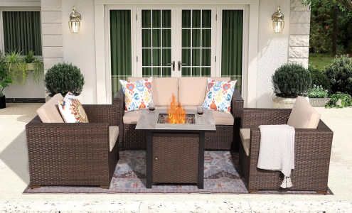 5pcs Wicker Patio Set with Outdoor Fire Pit Table